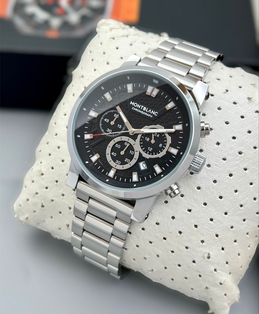 Montblanc Chronograph Sport Edition (Stainless Steel Case with Black Textured Dial, Triple Sub-dials, Date Indicator, and Steel Link Bracelet) Hover