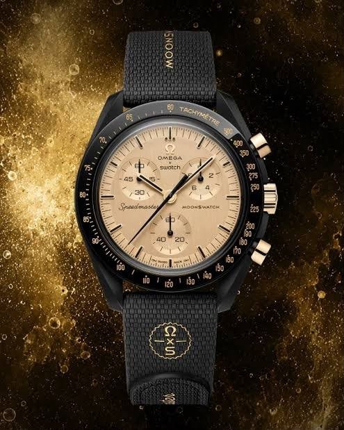 Omega x Swatch Bioceramic MoonSwatch "Mission to the Moon 1969" / Moonshine Gold Edition — Black Bioceramic Case with 18K Moonshine Gold-Tone Dial, Tachymeter Bezel, Chronograph Sub-Dials, and Black Velcro Strap Hover