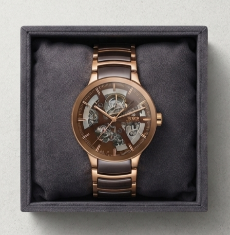 Rado Centrix Automatic Open Heart — Rose Gold PVD and Stainless Steel Case with Brown Open-Heart Dial, Skeleton Movement, and Brown High-Tech Ceramic Link Bracelet Hover