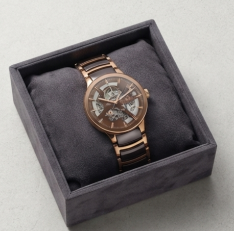 Rado Centrix Automatic Open Heart — Rose Gold PVD and Stainless Steel Case with Brown Open-Heart Dial, Skeleton Movement, and Brown High-Tech Ceramic Link Bracelet Gallery