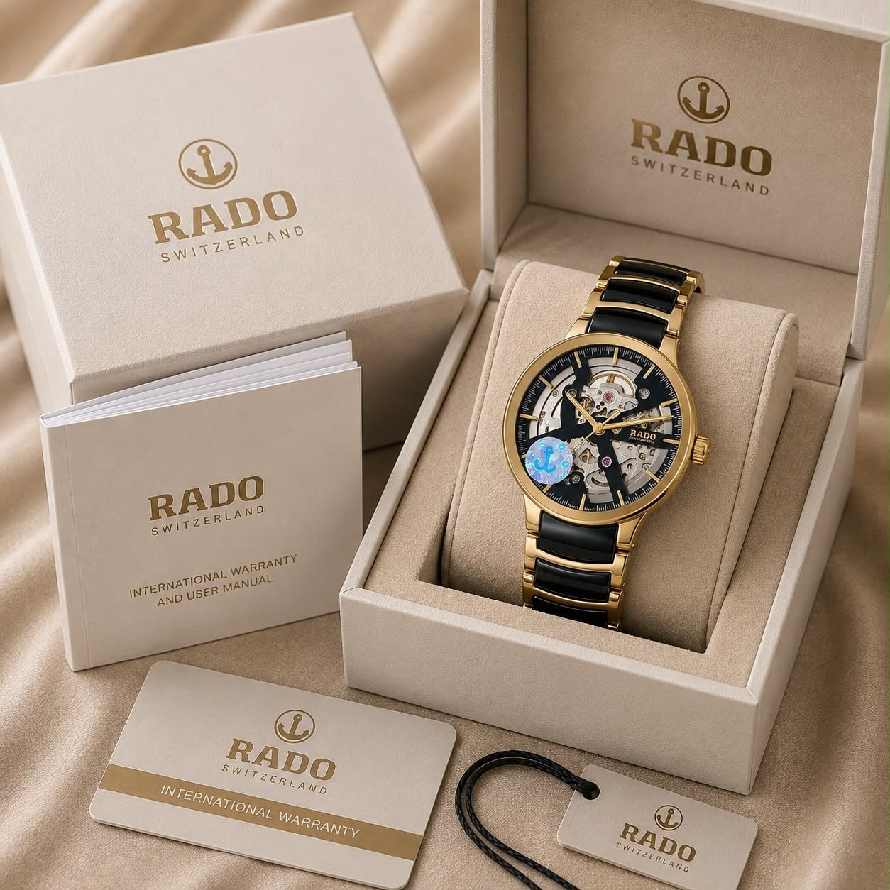 Rado Centrix Automatic Open Heart — Yellow Gold PVD and Stainless Steel Case with Black Open-Heart Dial, Skeleton Movement, and Black High-Tech Ceramic Link Bracelet Hover
