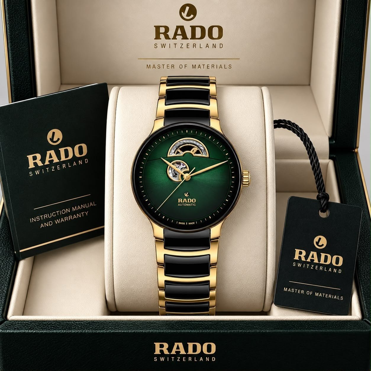 Rado Centrix Automatic Open Heart — Yellow Gold PVD and Stainless Steel Case with Green Dial, Open-Heart Movement Window, and Black High-Tech Ceramic Link Bracelet Hover