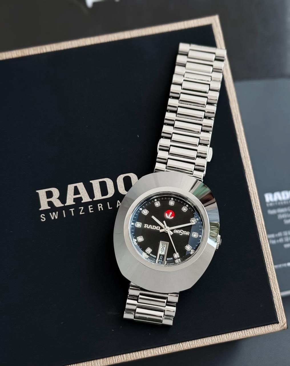 Rado DiaStar Original (Black Diamond Dial with Oval Polished Ceramos Bezel and Stainless Steel Link Bracelet) Hover