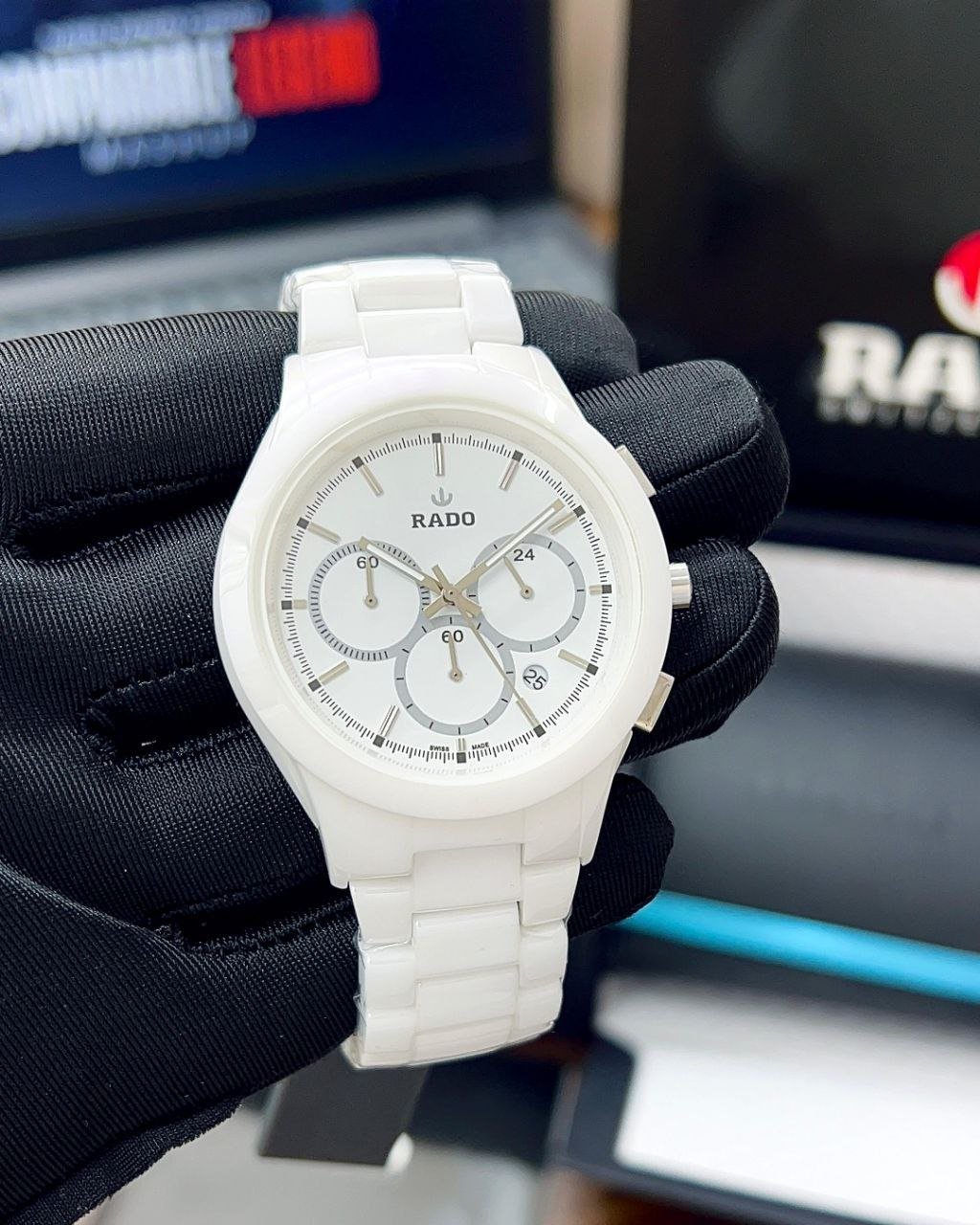 Rado HyperChrome / Centrix Chronograph (All-White Ceramic Edition) — High-Tech White Ceramic Case and Bezel, White Dial with Silver Details, Chronograph Sub-Dials, and Matching White Ceramic Bracelet Hover