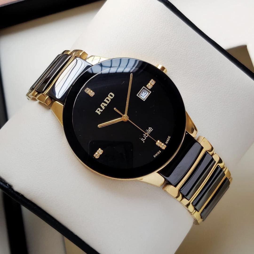 Rado Integral / Centrix Jubilé Black & Gold Edition (Black High-Tech Ceramic & Gold-Tone Case, Minimalist Glossy Black Dial with Diamond Hour Markers, Date Window, and Ceramic/Gold Link Bracelet) Gallery