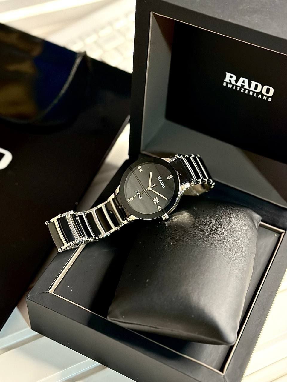 Rado Integral / Centrix Jubilé Black & Gold Edition (Black High-Tech Ceramic & Gold-Tone Case, Minimalist Glossy Black Dial with Diamond Hour Markers, Date Window, and Ceramic/Gold Link Bracelet) Gallery