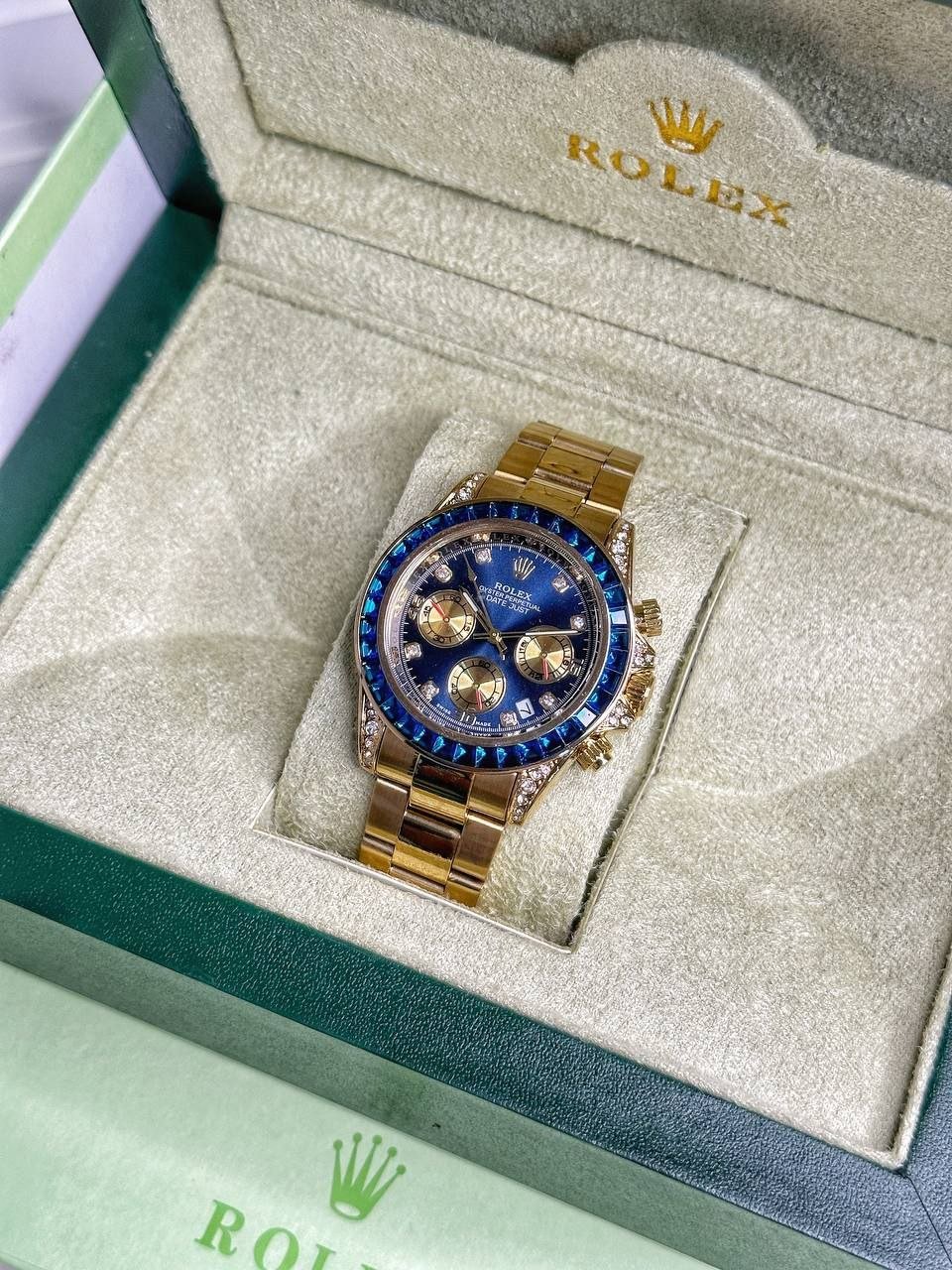 Rolex Cosmograph Daytona "Blue Sapphire & Diamond Edition" (Yellow Gold-Tone Case with Blue Sunburst Dial, Baguette-Cut Blue Sapphire Bezel, Diamond Hour Markers, Gold Sub-dials, and Oyster Link Bracelet) Gallery