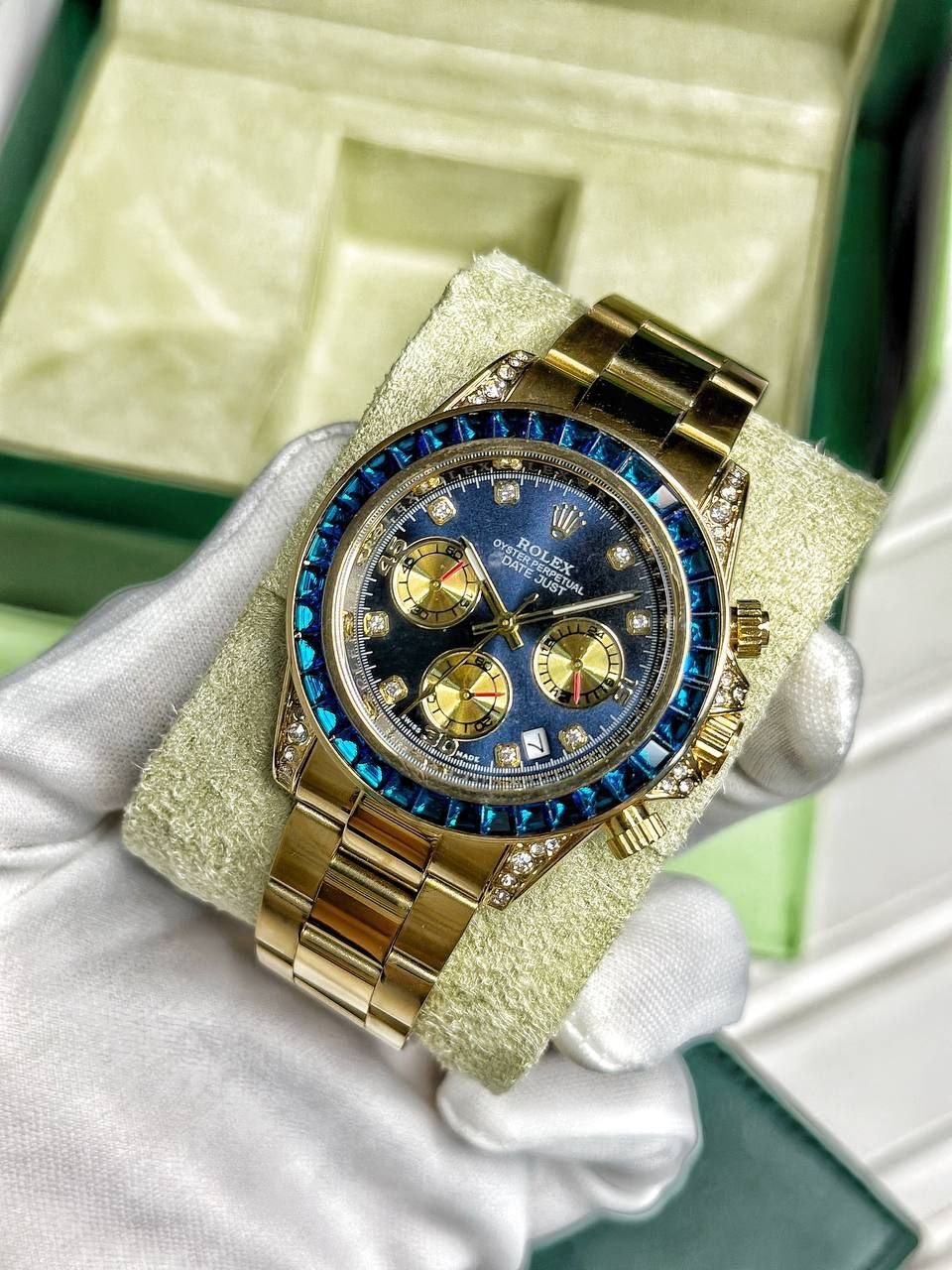 Rolex Cosmograph Daytona "Blue Sapphire & Diamond Edition" (Yellow Gold-Tone Case with Blue Sunburst Dial, Baguette-Cut Blue Sapphire Bezel, Diamond Hour Markers, Gold Sub-dials, and Oyster Link Bracelet) Gallery