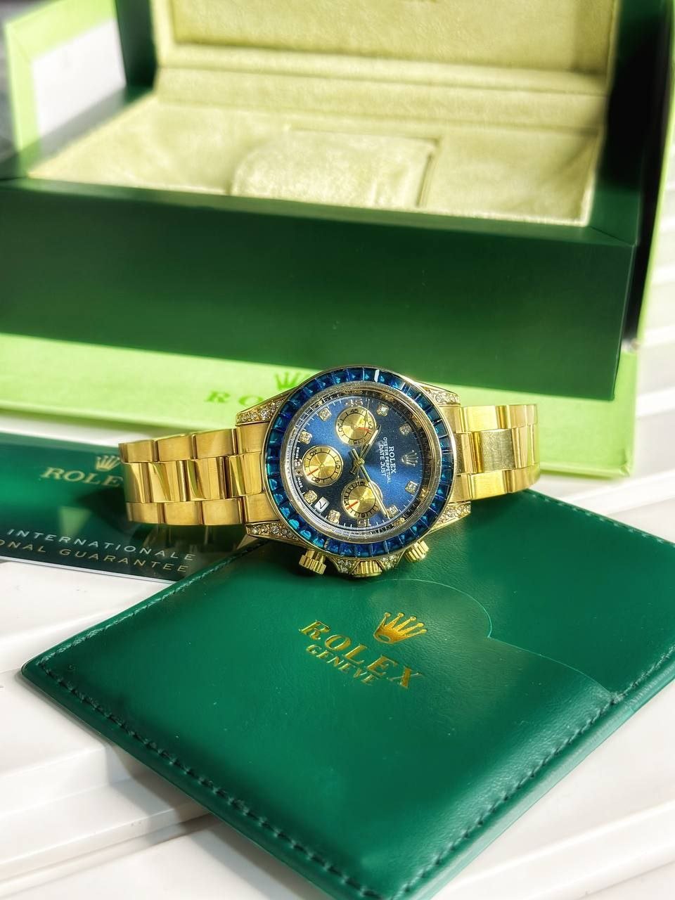 Rolex Cosmograph Daytona "Blue Sapphire & Diamond Edition" (Yellow Gold-Tone Case with Blue Sunburst Dial, Baguette-Cut Blue Sapphire Bezel, Diamond Hour Markers, Gold Sub-dials, and Oyster Link Bracelet) Gallery