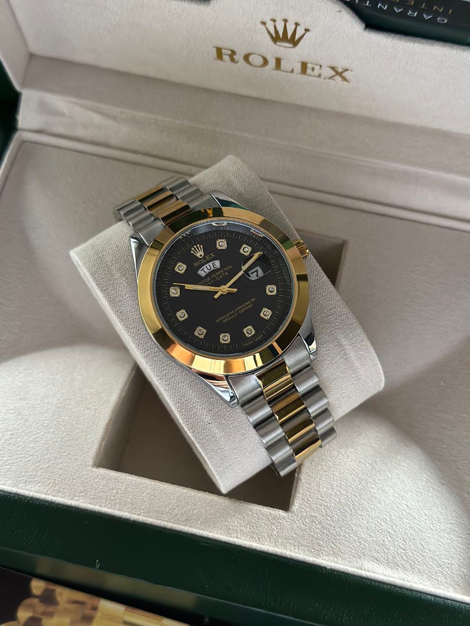 Rolex Day-Date President — Two-Tone Steel and Yellow Gold Case with Black Diamond Dial, Fluted Bezel, and President Bracelet Hover