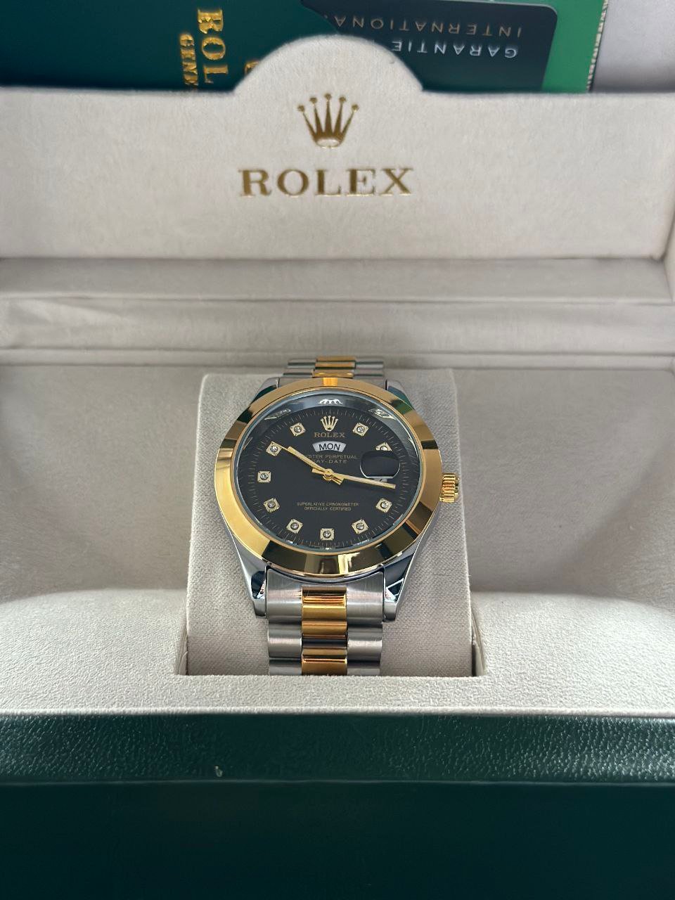 Rolex Day-Date President — Two-Tone Steel and Yellow Gold Case with Black Diamond Dial, Fluted Bezel, and President Bracelet Gallery