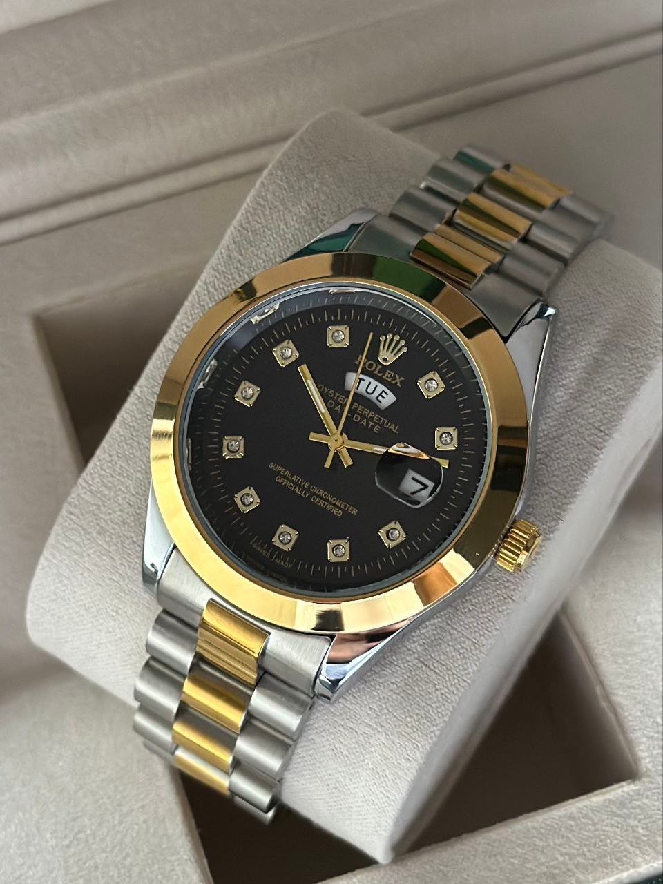 Rolex Day-Date President — Two-Tone Steel and Yellow Gold Case with Black Diamond Dial, Fluted Bezel, and President Bracelet Gallery