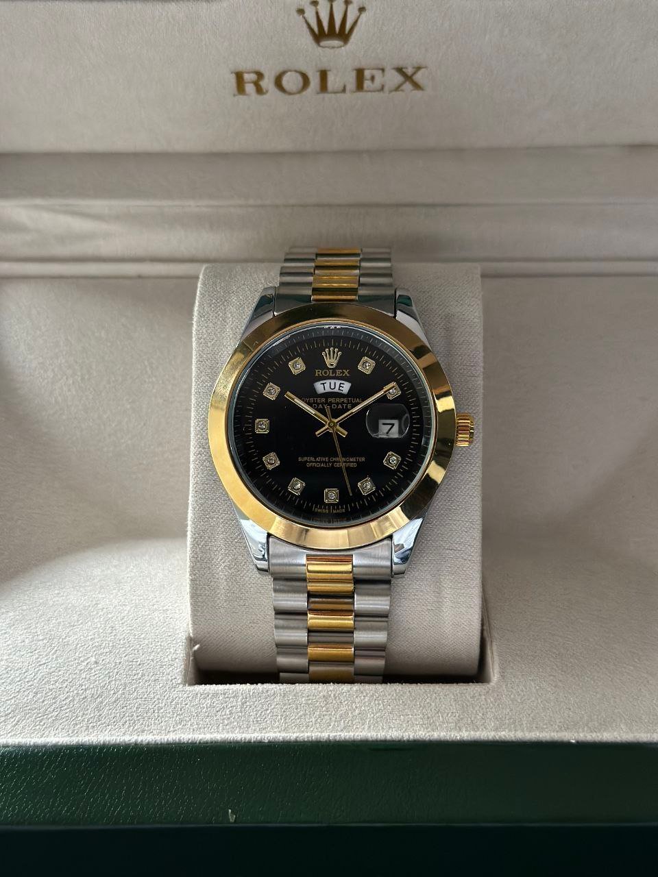 Rolex Day-Date President — Two-Tone Steel and Yellow Gold Case with Black Diamond Dial, Fluted Bezel, and President Bracelet Gallery