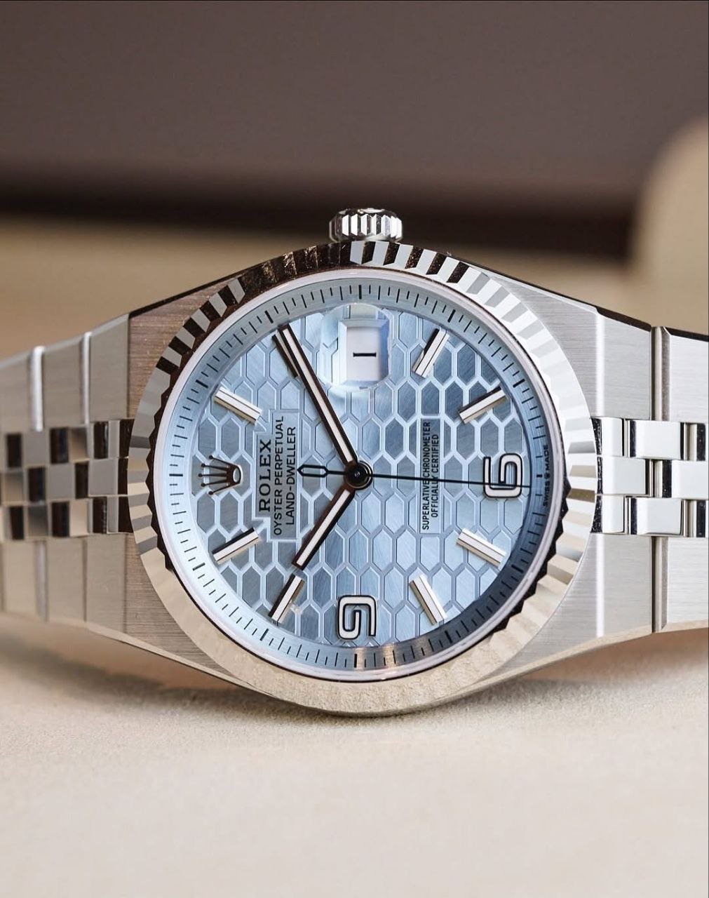 Rolex Oyster Perpetual "Land-Dweller" Custom Concept (Stainless Steel Case with Fluted Bezel, Honeycomb-Pattern Ice-Blue Dial featuring Arabic/Stick Numerals, and Jubilee Bracelet) Gallery