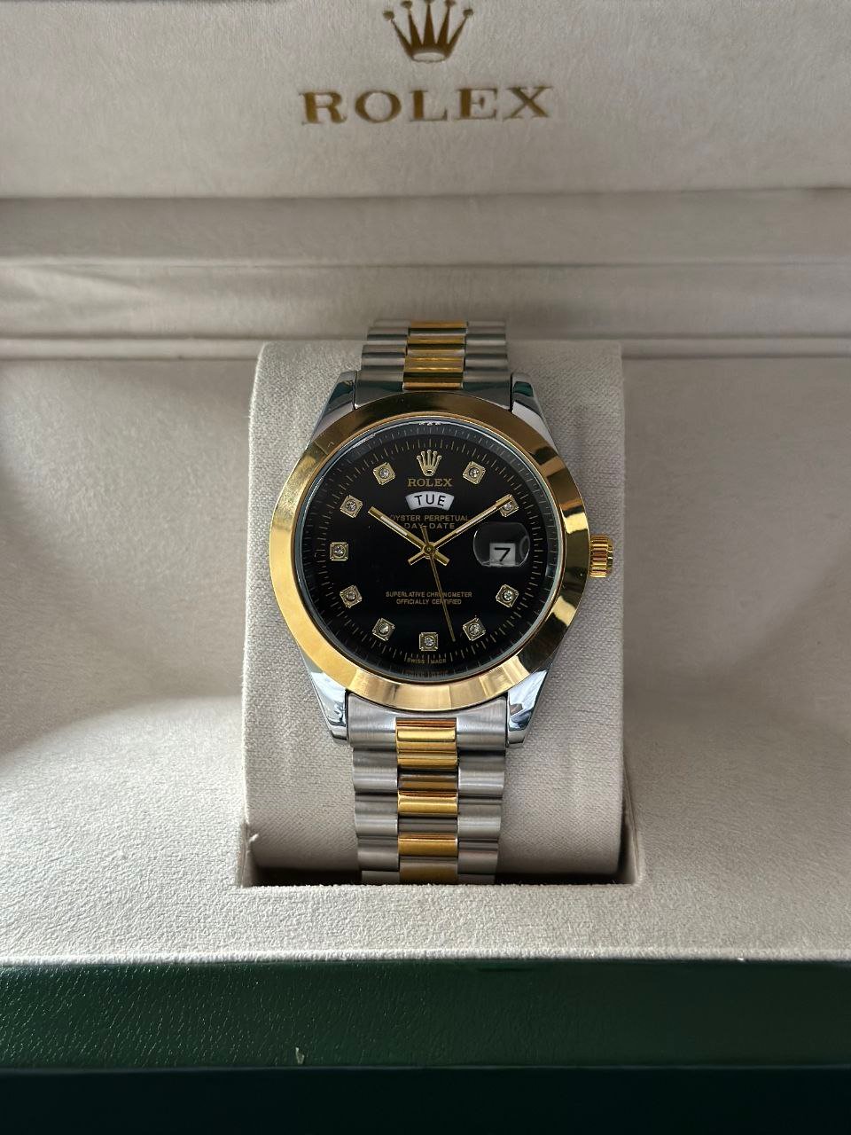 Rolex Oyster Perpetual Day-Date (Two-Tone Yellow Gold and Stainless Steel / Rolesor Edition with Black Dial and Diamond Markers) Hover