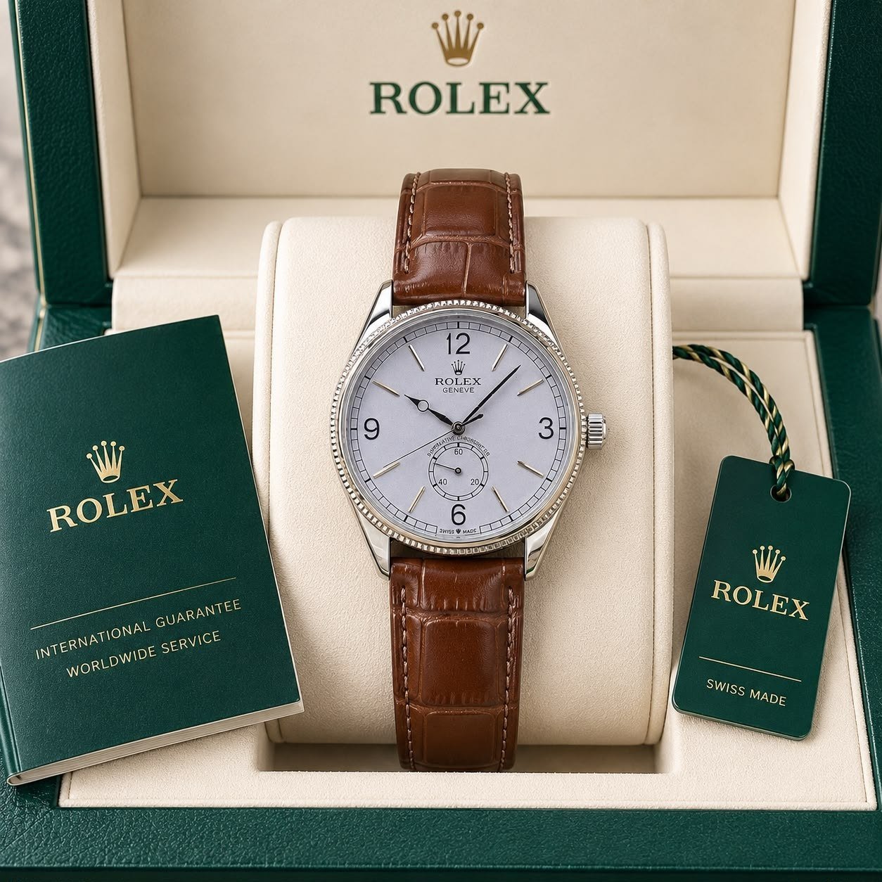 Rolex Perpetual 1908 (18 ct White Gold / Platinum with Intense White Dial, Ref. 52509) — 39 mm 18 ct White Gold Case with Domed and Fluted Bezel, Intense White Dial, Small Seconds Sub-Dial, and Brown Alligator Leather Strap Hover