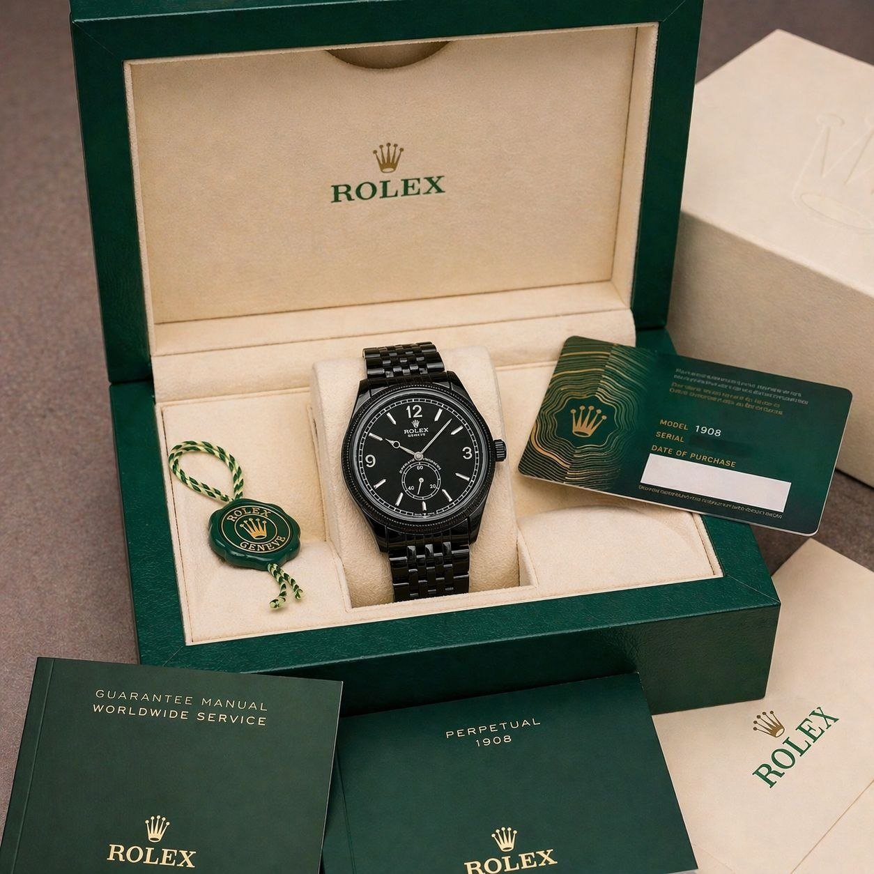 Rolex Perpetual 1908 (Black PVD Custom / All-Black Edition featuring Arabic Numerals & Small Seconds) Hover