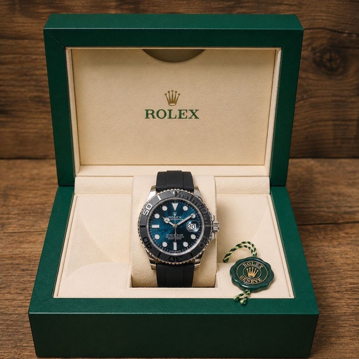 Rolex Yacht-Master — Stainless Steel Case with Blue Dial, Black Ceramic Bezel, and Black Rubber Oysterflex Strap Hover