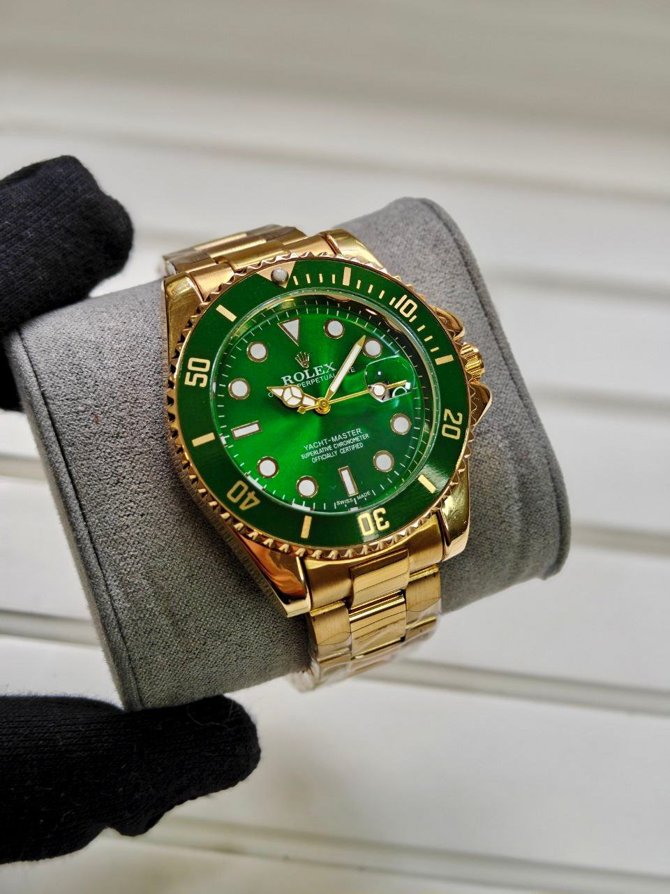Rolex Yacht-Master "Full Gold & Green Dial Custom Edition" (Yellow Gold-Tone Case with Matching Green Bezel insert, Sunburst Green Dial, Luminous Dot Markers, Date Window, and Gold Oyster Link Bracelet) Hover