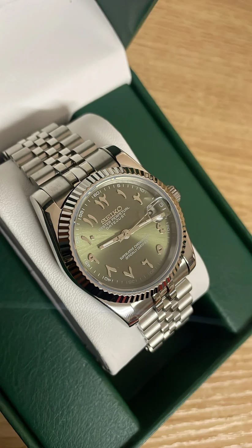 Seiko Mod Datejust "Arabic Dial" — Custom Build Stainless Steel Case with Fluted Bezel, Green Sunburst Eastern Arabic Numerals Dial, and Jubilee Bracelet Gallery