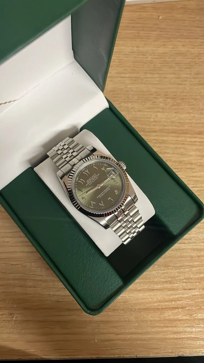 Seiko Mod Datejust "Arabic Dial" — Custom Build Stainless Steel Case with Fluted Bezel, Green Sunburst Eastern Arabic Numerals Dial, and Jubilee Bracelet Gallery
