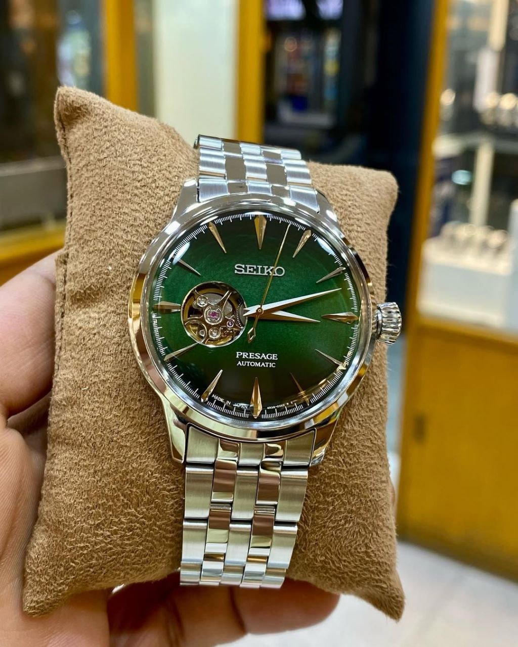 Seiko Presage Cocktail Time Open Heart — Stainless Steel Case with Sunburst Green Dial, Open-Heart Window, and Stainless Steel Bracelet Hover