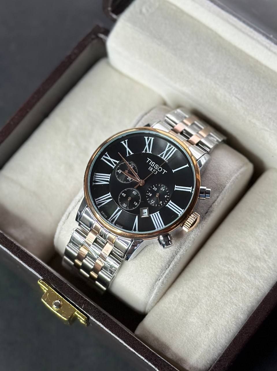 Tissot Carson Premium Chronograph — Two-Tone Rose Gold and Stainless Steel Case with Black Dial, Roman Numerals, Chronograph Sub-Dials, and Two-Tone Bracelet Gallery