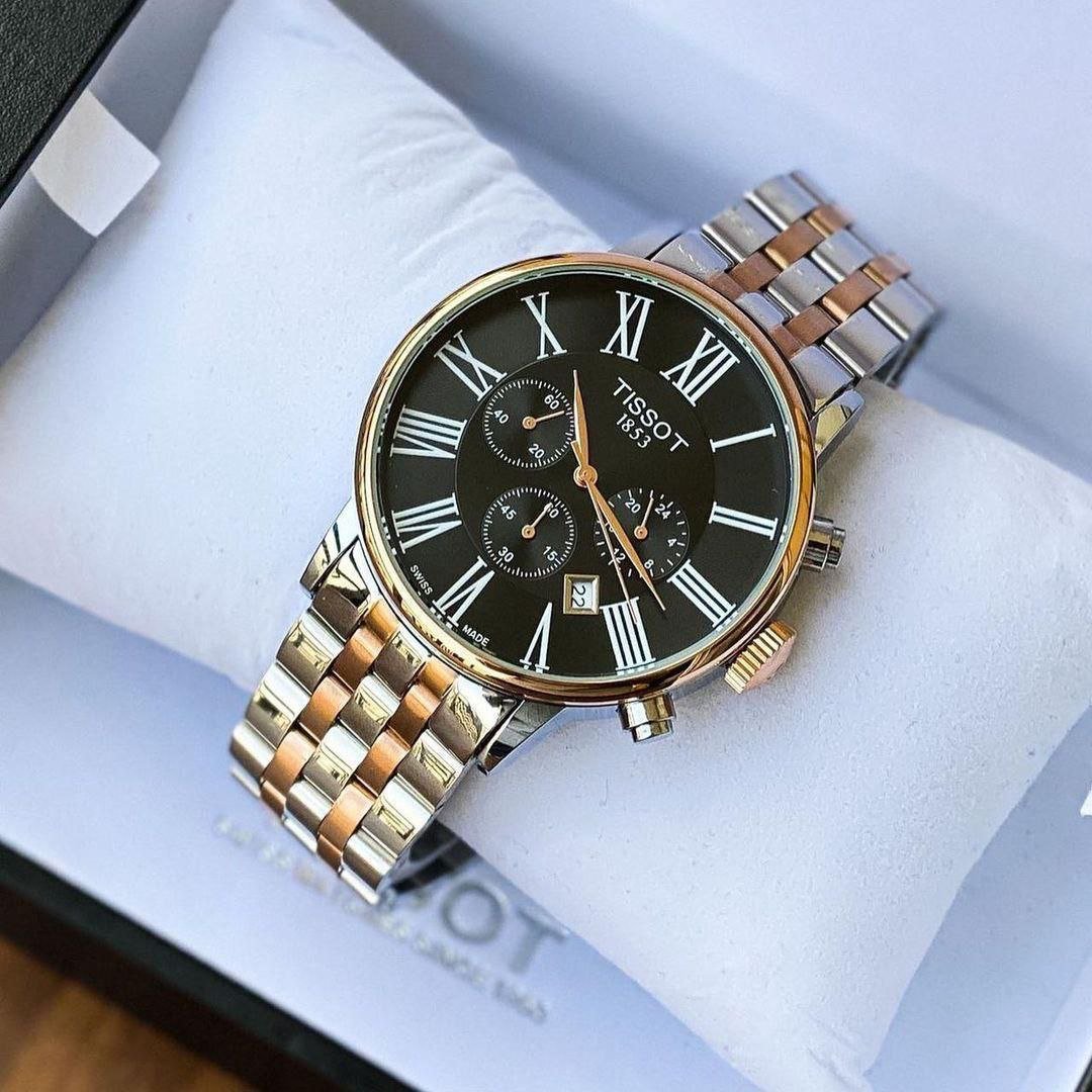 Tissot Carson Premium Chronograph — Two-Tone Rose Gold and Stainless Steel Case with Black Dial, Roman Numerals, Chronograph Sub-Dials, and Two-Tone Bracelet Gallery