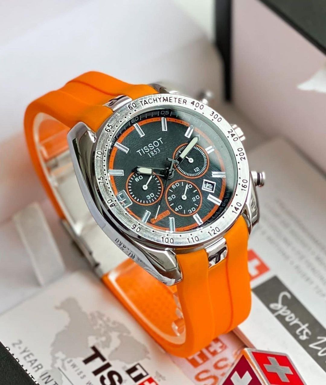 Tissot PRS 330 Chronograph (Black Dial with Vibrant Orange Rubber Strap Edition) Hover