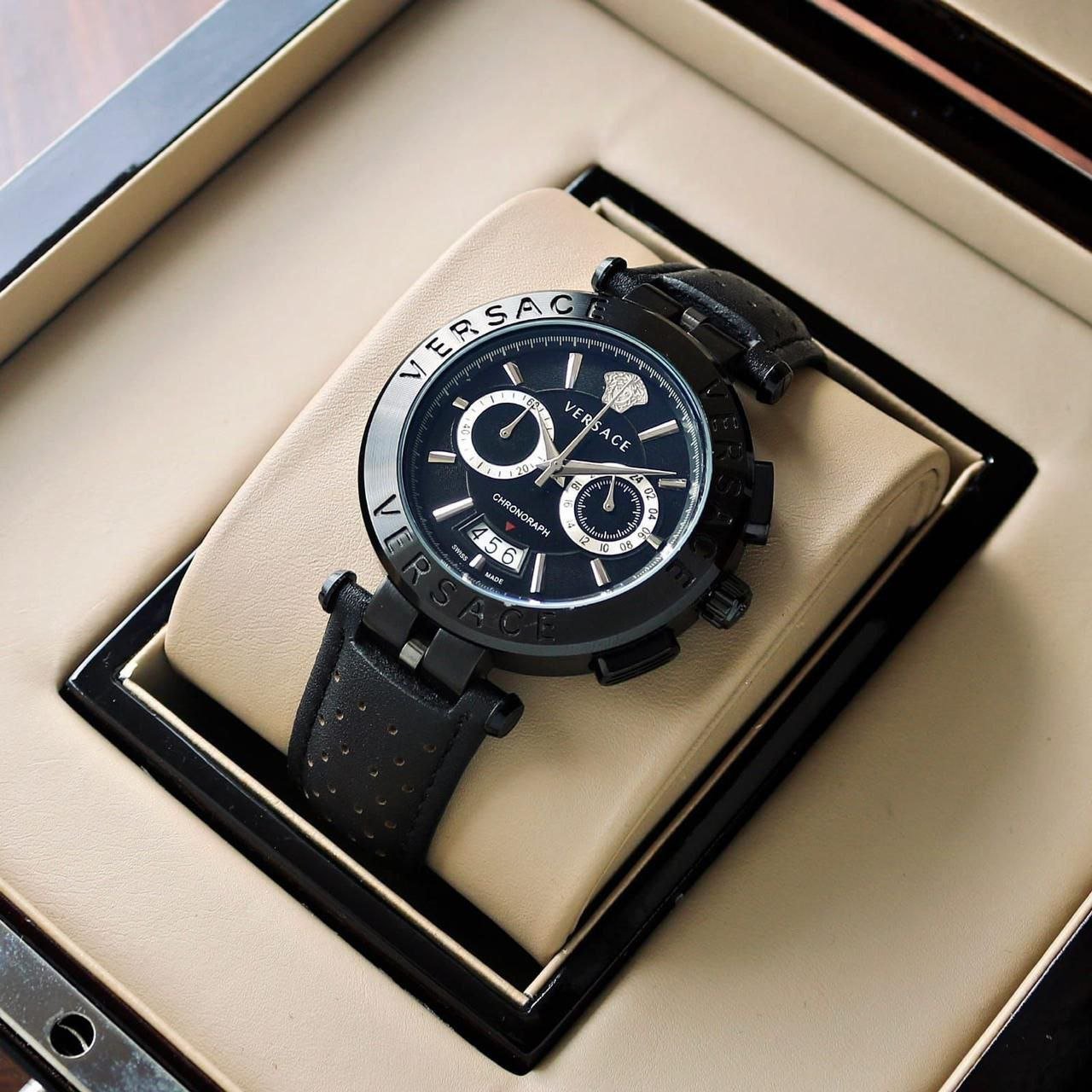 Versace Chrono Sport / V-Race Chronograph Edition (Black Ion-Plated Stainless Steel Case with Two-Tone Bezel, Black Dial, Medusa Head Logo, Chronograph Sub-dials, Date Window, and Perforated Black Leather Strap) Gallery