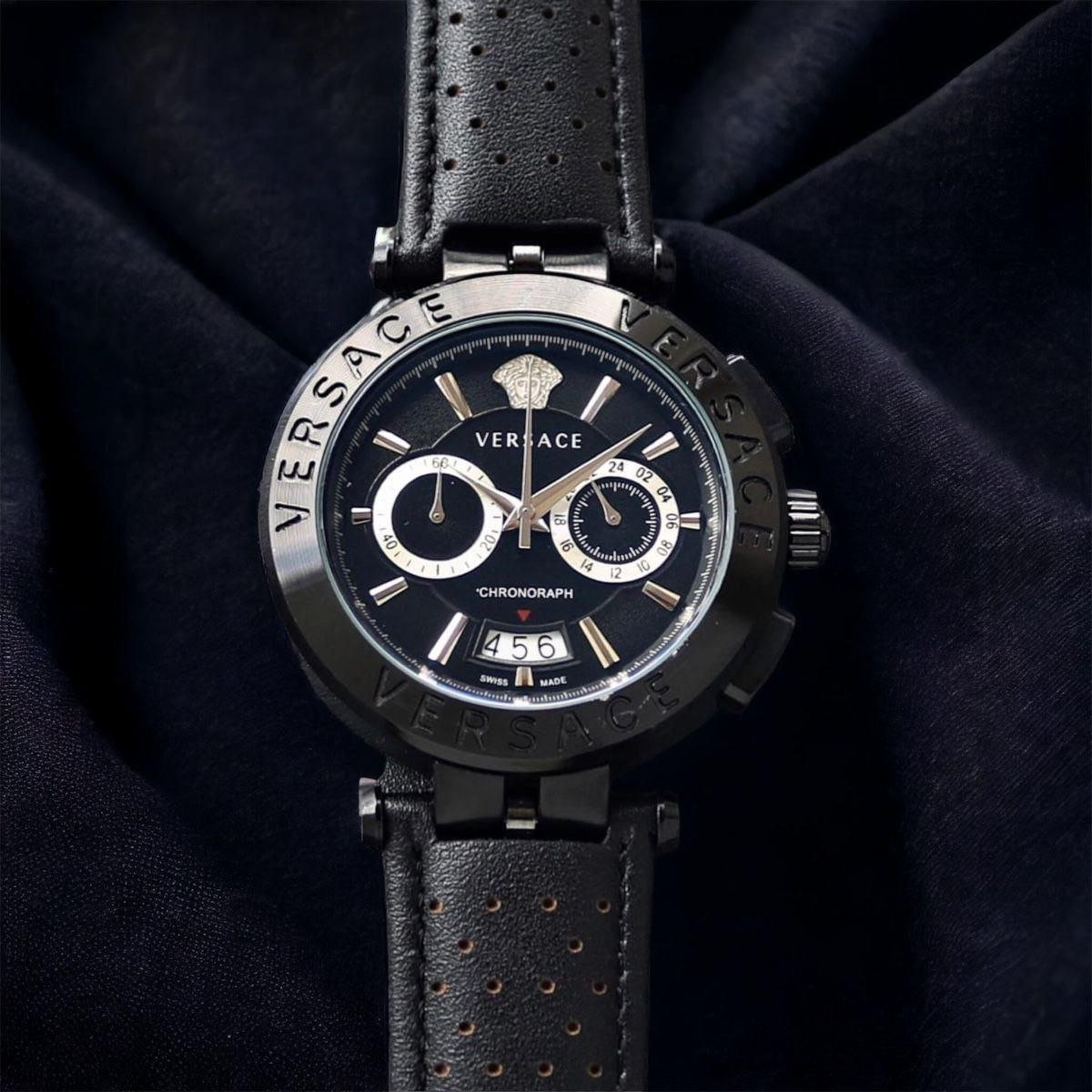 Versace Chrono Sport / V-Race Chronograph Edition (Black Ion-Plated Stainless Steel Case with Two-Tone Bezel, Black Dial, Medusa Head Logo, Chronograph Sub-dials, Date Window, and Perforated Black Leather Strap) Gallery