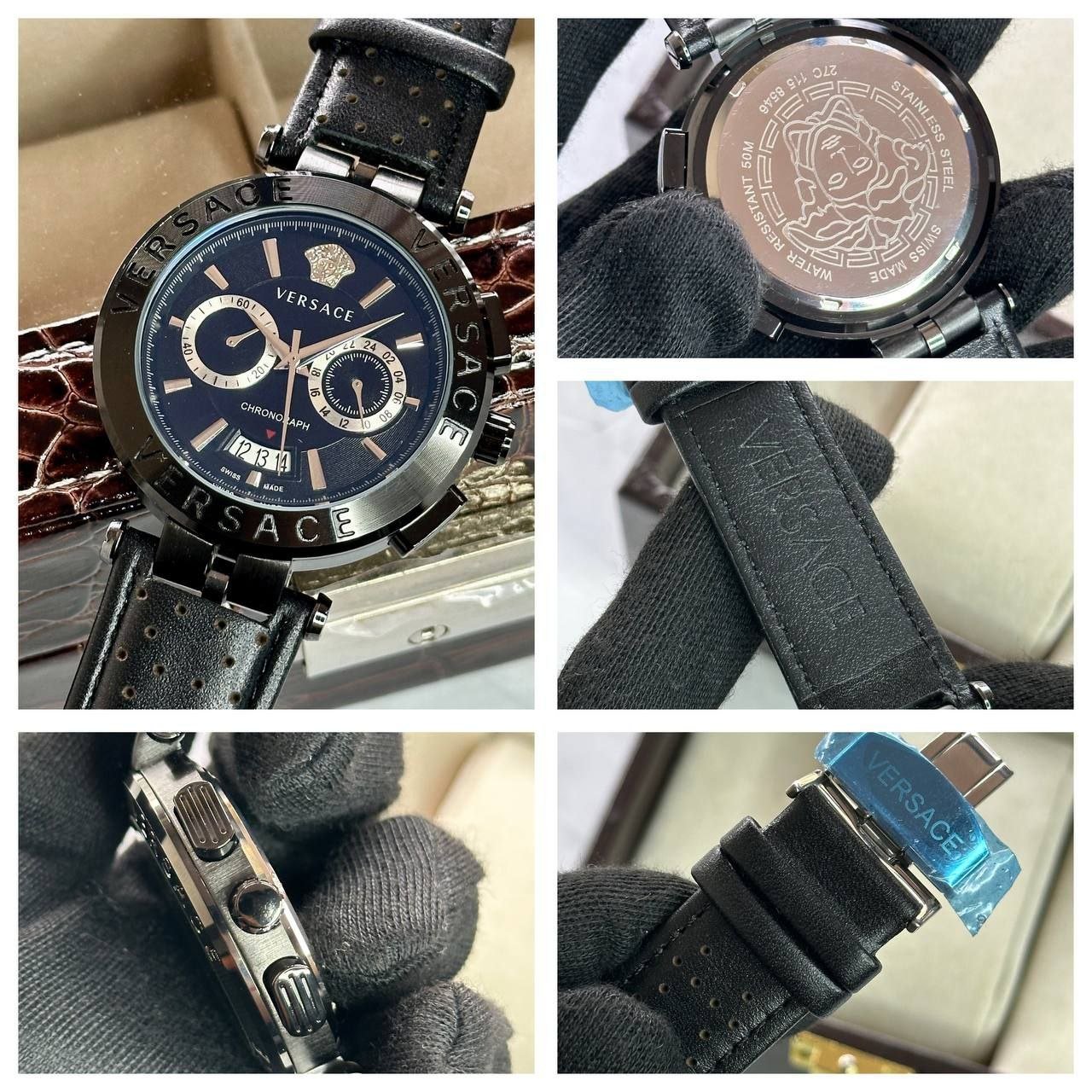 Versace Chrono Sport / V-Race Chronograph Edition (Black Ion-Plated Stainless Steel Case with Two-Tone Bezel, Black Dial, Medusa Head Logo, Chronograph Sub-dials, Date Window, and Perforated Black Leather Strap) Gallery