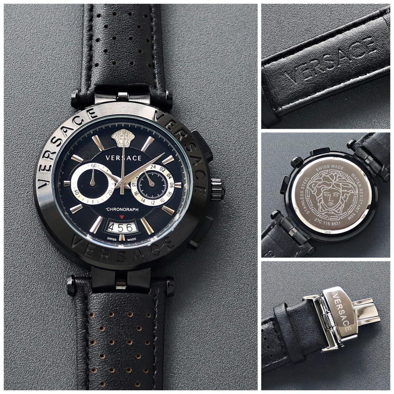 Versace Chrono Sport / V-Race Chronograph Edition (Black Ion-Plated Stainless Steel Case with Two-Tone Bezel, Black Dial, Medusa Head Logo, Chronograph Sub-dials, Date Window, and Perforated Black Leather Strap) Hover