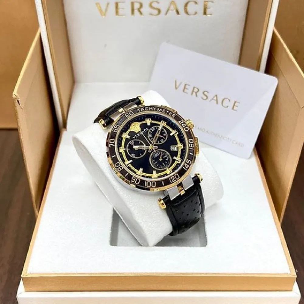 Versace Chronograph (Black and Gold Edition) — Gold-Plated and Stainless Steel Case with Black Dial, Gold Accents, Tachymeter Bezel, Chronograph Sub-dials, and Black Leather Strap Hover