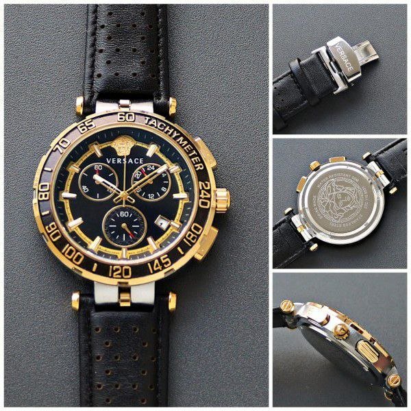 Versace Chronograph (Black and Gold Edition) — Gold-Plated and Stainless Steel Case with Black Dial, Gold Accents, Tachymeter Bezel, Chronograph Sub-dials, and Black Leather Strap Gallery