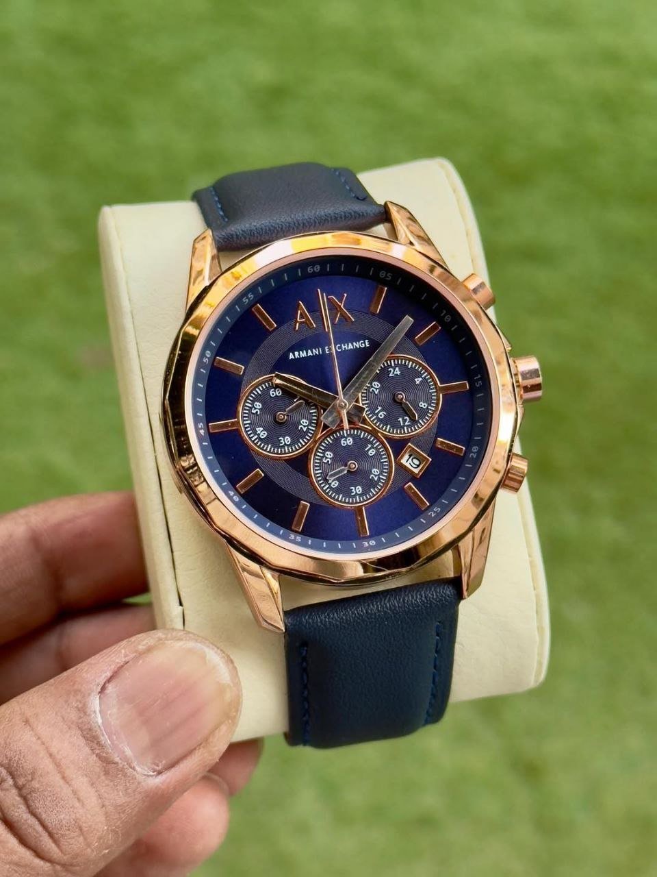 Armani Exchange Chronograph (Rose-Gold Case with Deep Blue Dial and Blue Leather Strap)