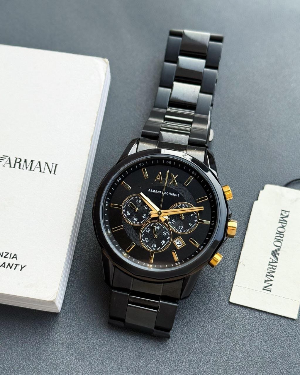 Armani Exchange Chronograph Black Ion-Plated Men's Watch (Black Dial with Gold Accents and Matching Black Link Bracelet)