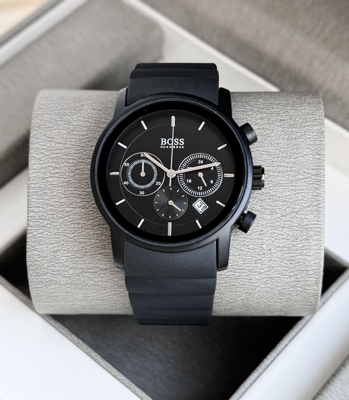 BOSS Hugo Boss Chronograph (All-Black Edition) — Black Ion-Plated Stainless Steel Case with Black Dial, Chronograph Sub-Dials, Date Window, and Black Silicone Strap