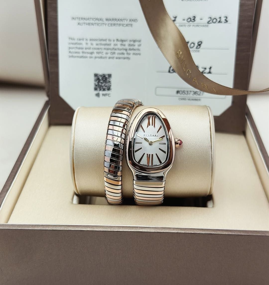 Bvlgari Serpenti Tubogas — Stainless Steel and 18k Rose Gold Case with White Opaline Dial and Two-Tone Spiral Flexible Bracelet