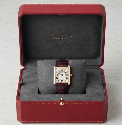 Cartier Tank Louis Cartier / Tank Must — Rose Gold-Tone Rectangular Case with Silver Dial, Roman Numerals, Blued-Steel Hands, and Dark Brown Leather Strap