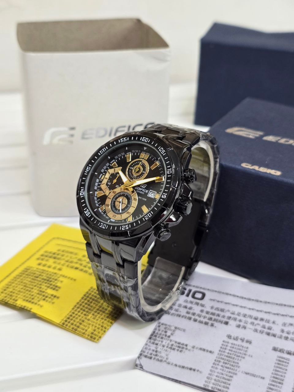 Casio Edifice Standard Chronograph (Black Ion-Plated Stainless Steel Case with Gold-Tone Accents and Black Metal Bracelet)