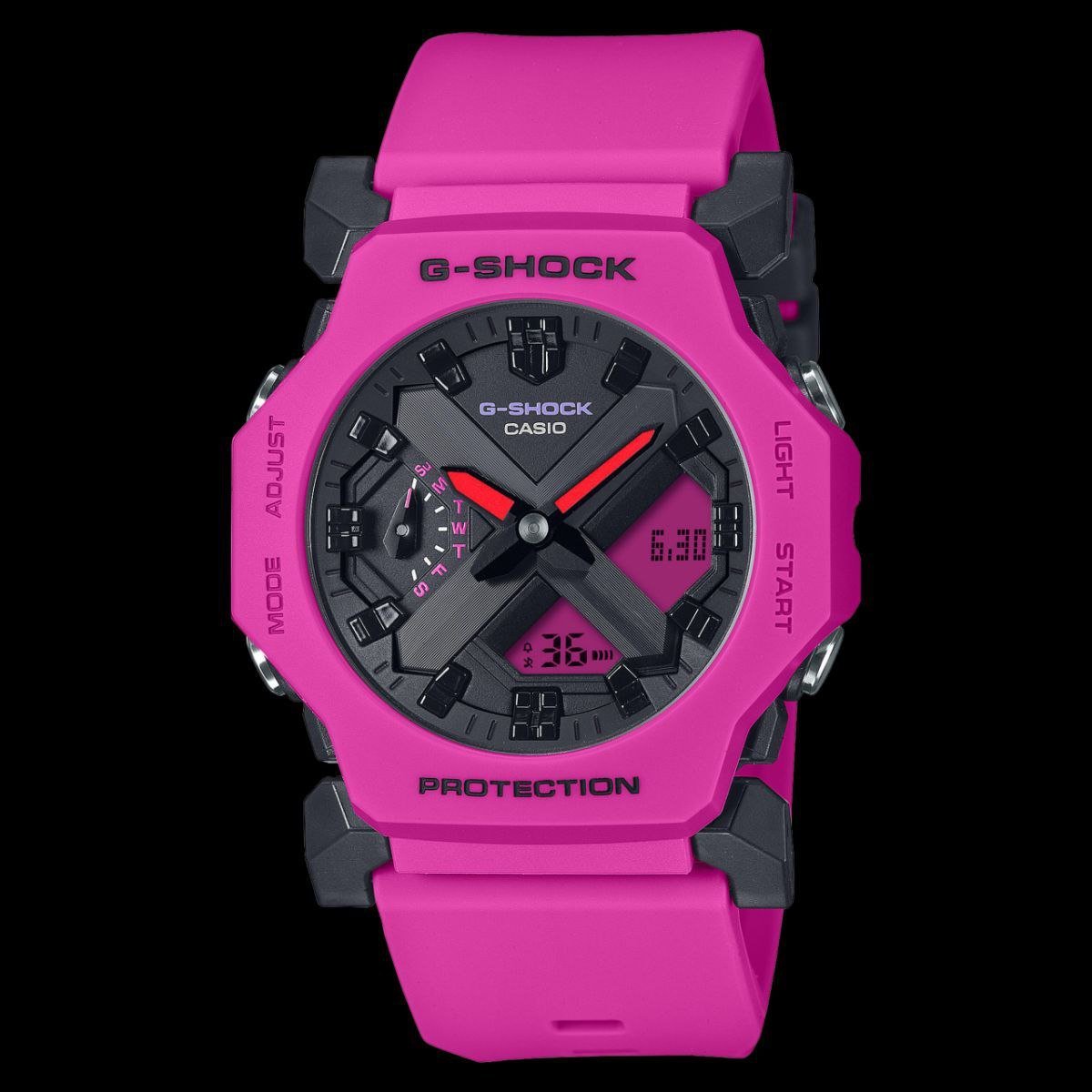 Casio G-Shock (GA-2100P-1A / GMA-S2100 Series) — Vibrant Pink Resin Case and Strap with Black Analog-Digital Dial and Bold Octagonal Bezel