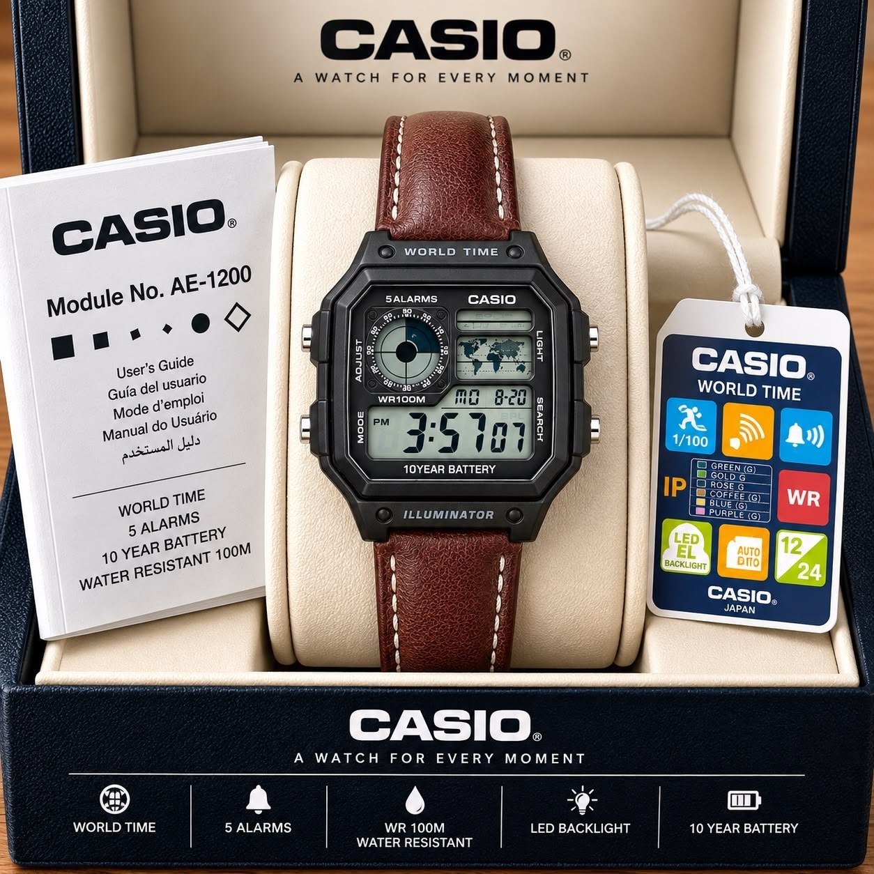 Casio World Time Digital AE-1200WHL / AE-1200WH "Casio Royale" Leather Strap Edition