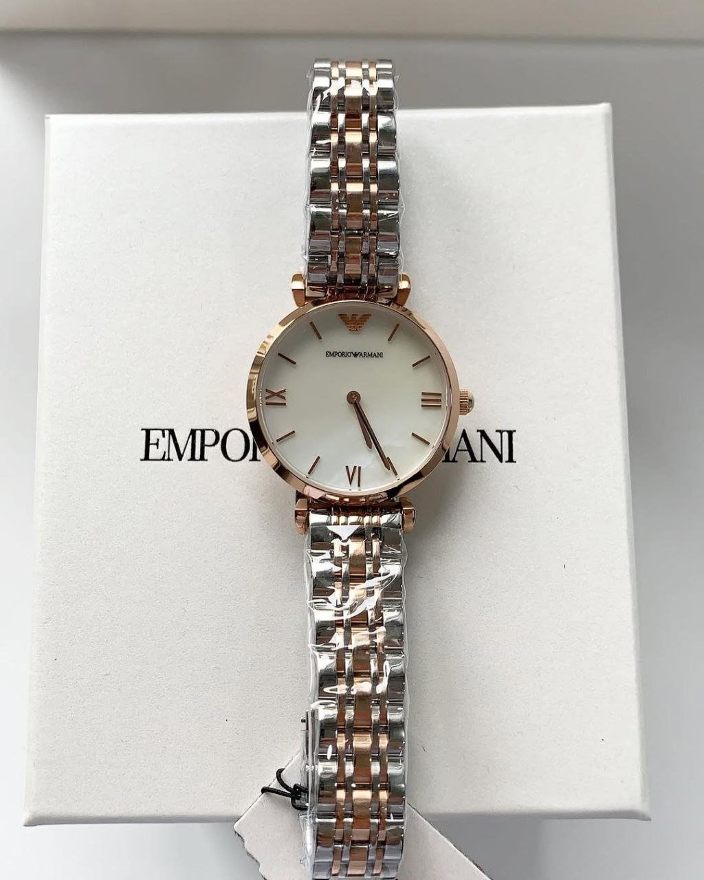 Emporio Armani Gianni T-Bar — Two-Tone Rose Gold and Silver-Tone Stainless Steel Case with White Dial, Roman Numerals, and Two-Tone Bracelet