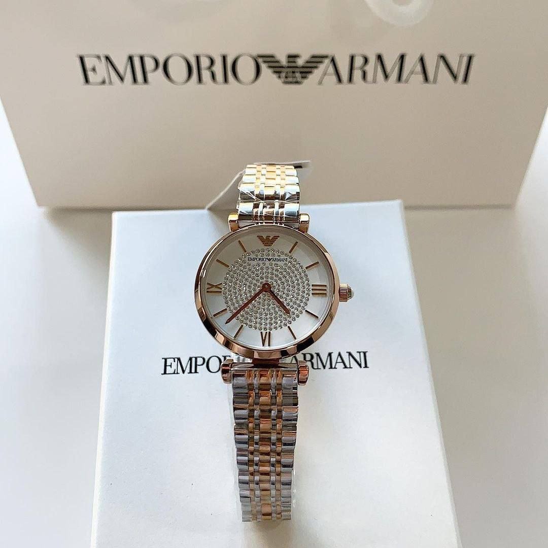 Emporio Armani Gianni T-Bar Women's Watch (Two-Tone Rose Gold & Silver-Tone Edition with Pavé Crystal Dial) — Model