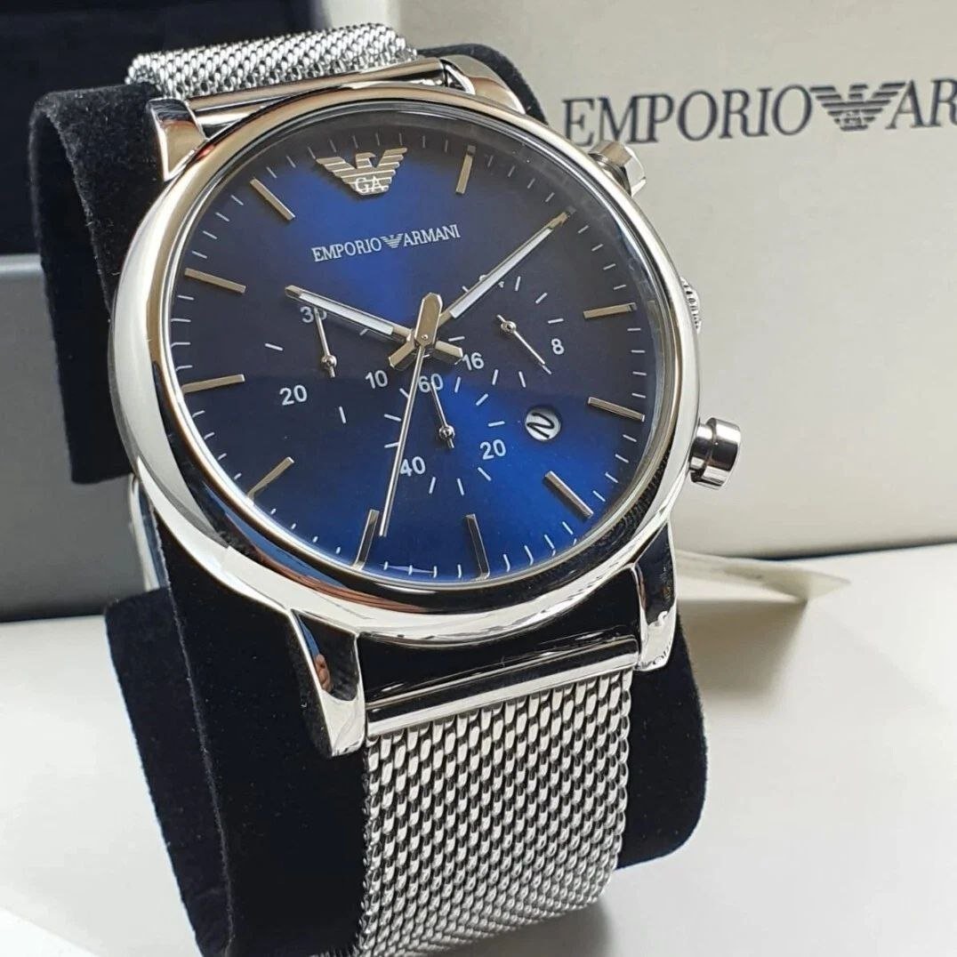 Emporio Armani Luigi Chronograph (Blue Sunray Dial with Silver Stainless Steel Mesh Bracelet) — Model