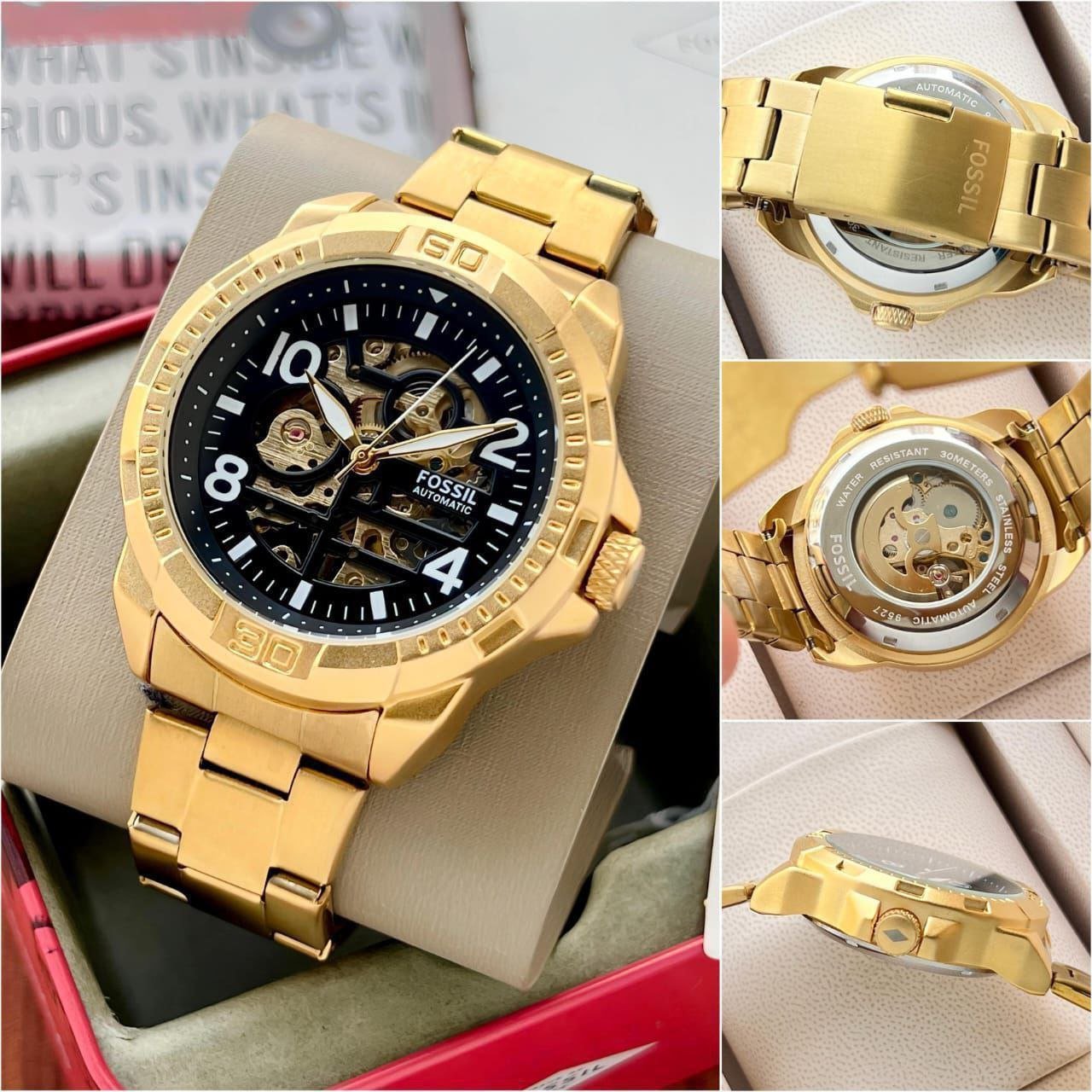 Fossil Automatic Skeleton Dial Gold-Tone Watch (Black Dial with Gold Stainless Steel Case and Bracelet Edition)
