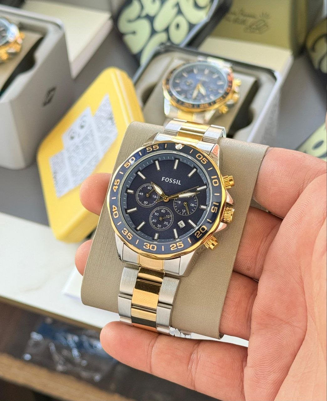 Fossil Decker Chronograph (Two-Tone Silver and Gold-Plated Stainless Steel Case with Blue Dial and Matching Two-Tone Bracelet)