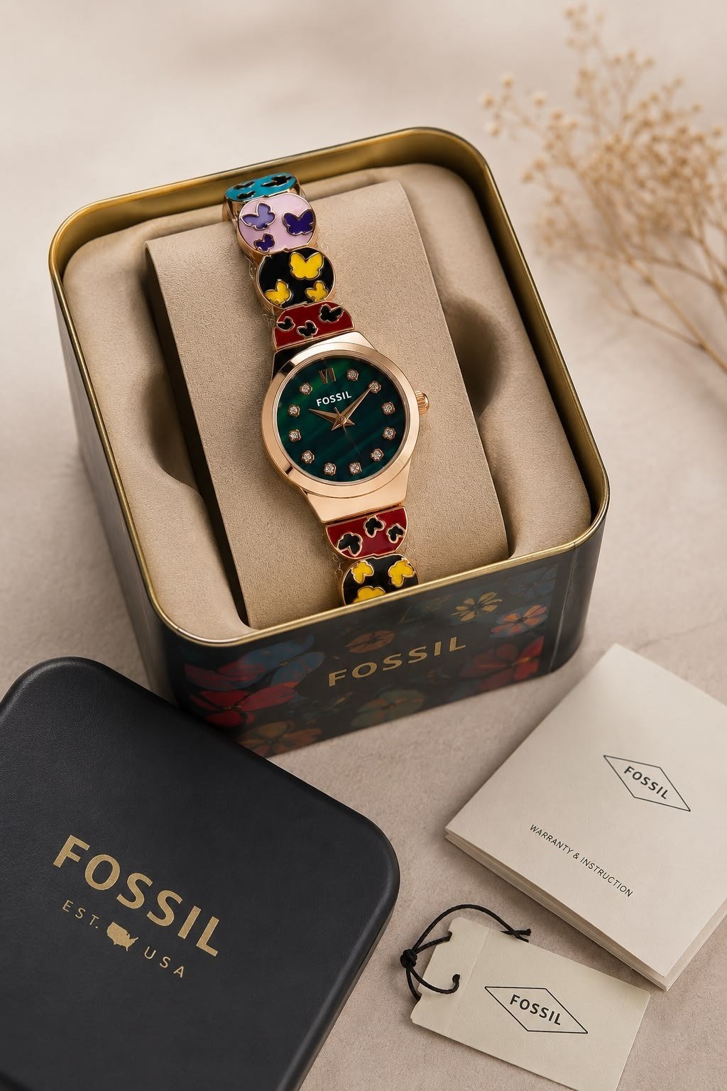 Fossil Floral / Butterfly Enamel Bracelet Rose Gold & Emerald Green Dial Women's Watch