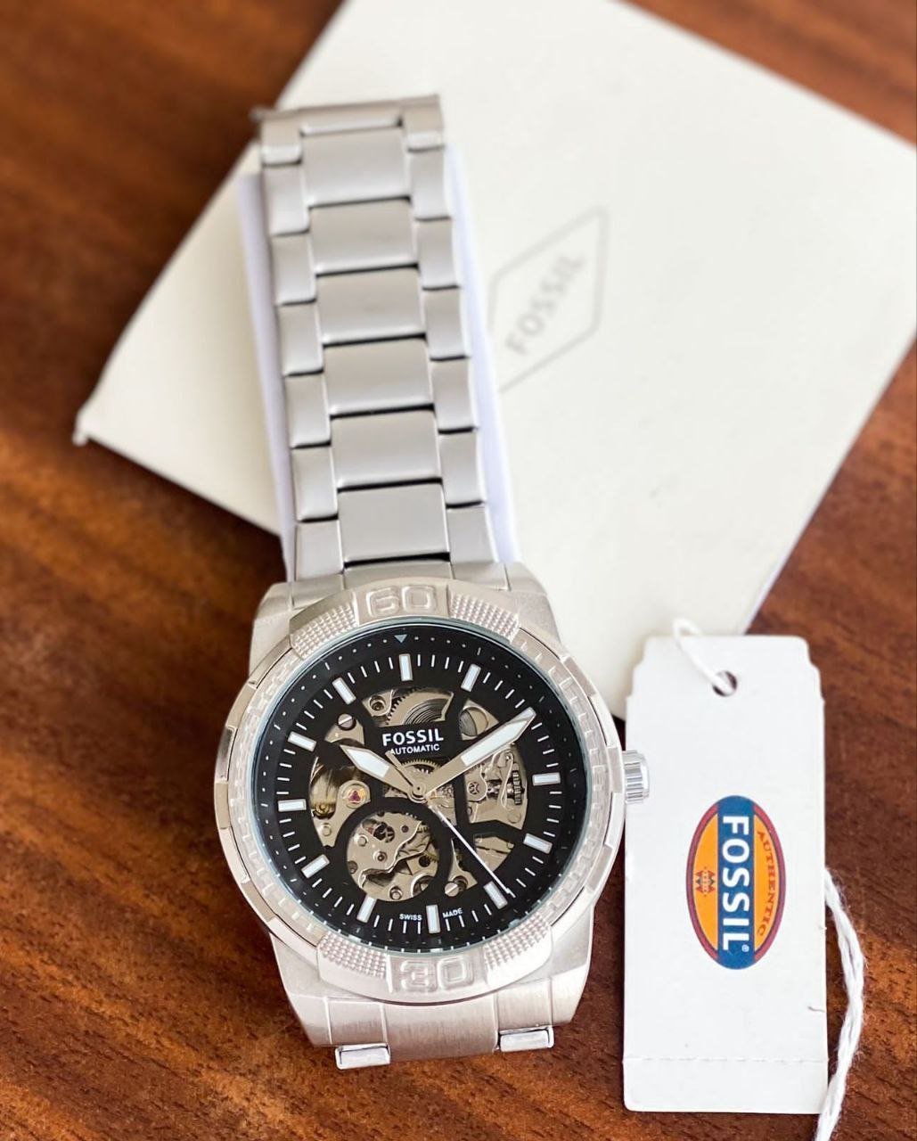 Fossil Machine / Mechanical Skeleton Automatic Watch (Silver Stainless Steel Edition with Black Skeleton Dial) — Model